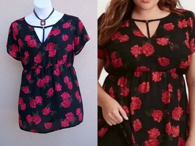 Blusa Top Torrid Negro Rojo Rosas Talla Grande 3 2x 22 24 VACACIONES NAVIDAD  Foto 1 de 4