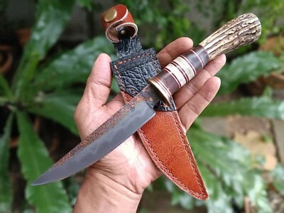 Custom pocket bowie Scagel camp knife 5.5" File steel forged Hamon, Stag, Sheath - Image 1 of 4