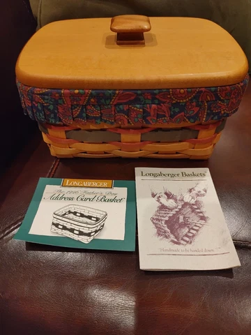 Longaberger Basket 1996 Fathers Day Address Basket, Fabric & Plastic Liner & Lid Cover
