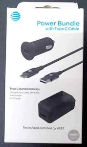 AT&T Type C Power Bundle Car & Home Charger 4pc Set / Braided 4ft 6ft Cable NEW - Picture 1 of 4