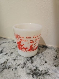 Vintage Fire King Prayer Mug Bless This Food Red Silhouette Milk Glass Mug USA - Picture 1 of 5