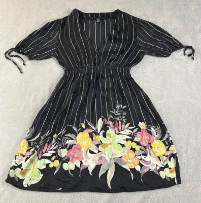 Arden B. Mujer Vestido Floral Negro Manga Corta Rayas Talla Pequeña Foto 1 de 4