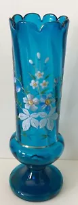 Antique French ROYAL BLUE Hand Painted Enamel FLORALS Art Glass Vase SCALLOPED - Picture 1 of 6