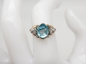Anello antico anni 20 $ 4000 5 ct vecchio taglio miniera zirconi blu naturali oro giallo 14 kt - Foto 1 di 7