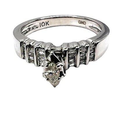 Обручальное кольцо из белого золота 10 карат с бриллиантом маркиза размер 6,75 - Изображение 1 из 4