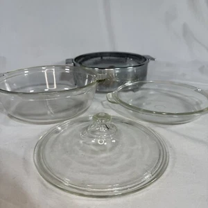 VTG PYREX 024-624B Clear Glass 2 qt 8.5" w/ Lid 623-C 684C + Stand ~ 4 Piece Lot - Picture 1 of 12