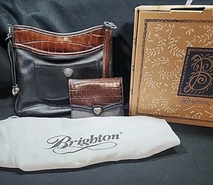 Vintage Brighton schwarz & braun Leder Schultertasche mit passender Geldbörse & Aufbewahrungstasche - Bild 1 von 23