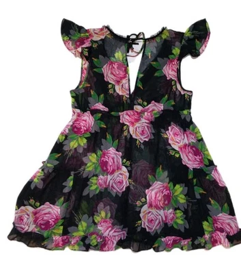 Betsy Johnson Intamites L  Sheer Black With Roses Fairy Grunge Babydoll Gown  - Image 1 of 4