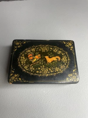Caja de laca pintada a mano rusa vintage gallo zorro floral URSS Foto 1 de 4