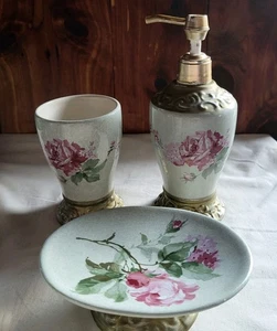 Vintage Spring Maid Soap Dish Tumbler And Liquid Soap Or Lotion Dispenser Roses - Picture 1 of 6