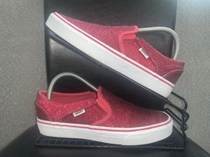 Vans Red Glitter Trainers Slip On White Size UK 6 EU 39 Festival - Imagen 1 de 8