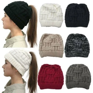 Womens Ladies Ponytail Beanie Hat Knitted Skull Slouchy Stretch Winter Ski Cap - Picture 1 of 18
