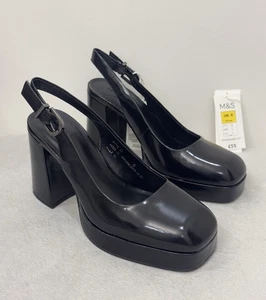 M&S Womens Leather Patent Black Block Heel Platform Sling Back Shoes RRP £55 - Picture 1 of 12