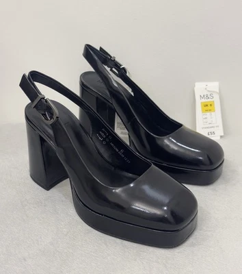 MARKS & SPENCER M&S Damenschuhe Leder Lack schwarz Blockabsatz Plateau Fersenriemen UVP 55 £