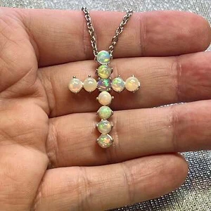 Natural Opal Cross Pendant Necklace 20" 14k WG 4.50 CT Certified $3,250 311040 - Picture 1 of 11