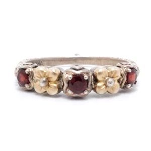 Barbara Bixby 18K Yellow Gold & Sterling Silver Garnet Flower Band Ring Sz 10 - Picture 1 of 6