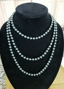 Vintage 60 Inch Hand Knotted Faux Black Pearl Necklace ?Missing Stones in Clasp - Picture 1 of 2
