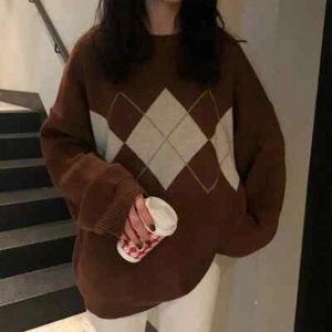 Maglione donna modello Argyle pullover larghi oversize scollo a O maglione lavorato a maglia - Foto 1 di 7