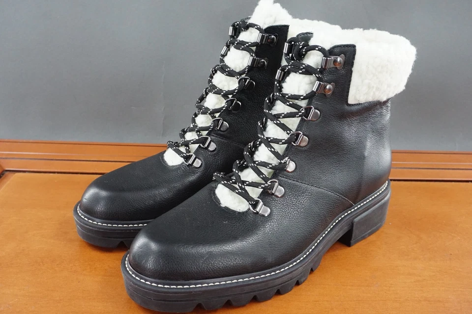 Bernardo Dash Shoe Womens 8 Black Leather Lace Up Faux Fur Trim Ankle Boots - Image 1 of 4