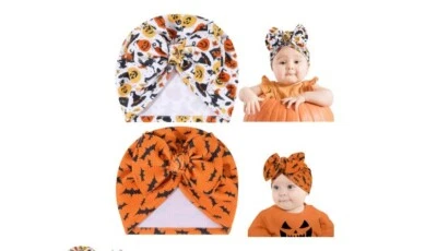 BABY ESSENTIALS Infant Girl's Halloween Turban Hats Bats Pumpkin Witch Tombstone - Image 1 of 4