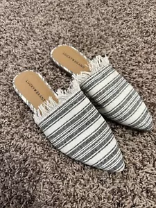 Lucky Brand Bapsee Striped Women’s 8.5 Flat Shoes Boho Black Cream Fringe - Picture 1 of 12