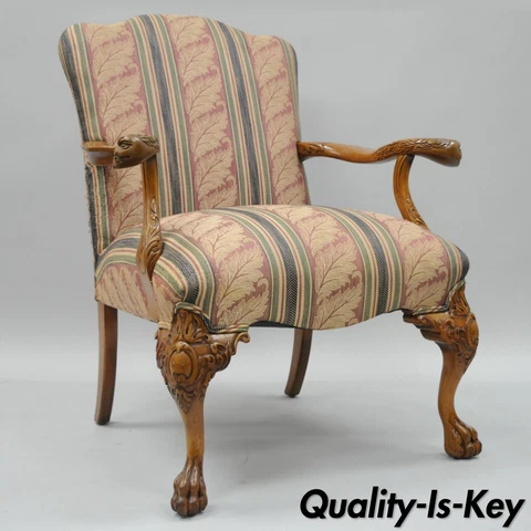 Vtg Carved Figural Faces Paw Foot Fireside Arm Chair Edwardian Chippendale Style Cover