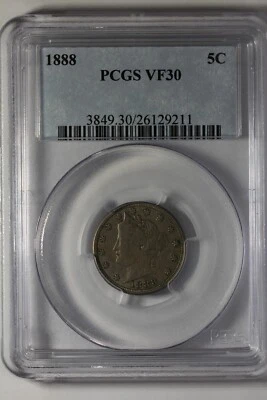 1888 .05 PCGS VF30 Liberty Nickel, V Nickel, 5 Cent Piece - Image 1 of 2