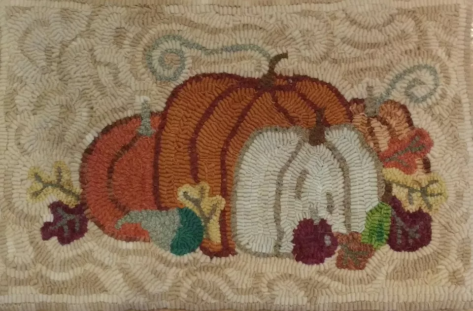 Primitive rug hooking kit, hooked, Pumpkin Patch, wool, linen - Image 1 of 1