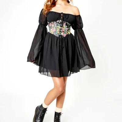 CIDER Women's Size L Black Jacquard Corset Mini Dress Chiffon Off-shoulder  - image 1 of 4