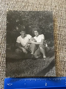 1940's Photo Young Couple I Love Pose Matching Outfits Pants White Shirt Woman - Picture 1 of 3