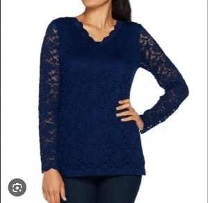 NWOT Susan Graver Lace Blue Tunic S Top Blouse Navy Blue Vneck Size M 233 - Picture 1 of 8