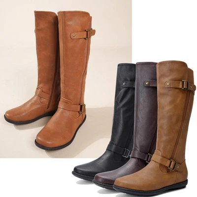 Botas de montar planas de tacón bajo hasta la rodilla para mujer forro de piel sintética con cremallera Foto 1 de 2