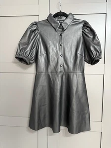 Zara Faux Leather Puff Sleeve Mini Dress Size Large Button Front Cute - Picture 1 of 17
