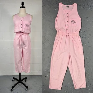 Vintage 80s Pink Sleeveless Boiler Suit Cropped Jumpsuit New Wave Workwear M - Picture 1 of 14