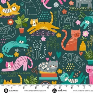 Feline Drive Stoff WHISKERS Katzen dunkel türkis - Fat Quarter (18"x22") FQ - Bild 1 von 8