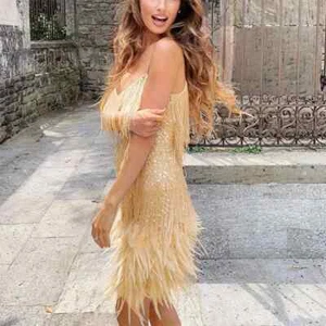 Mujeres Vestido con flecos Lentejuelas Costuras de plumas Delgado Cuello en V V Vestidos Mujer Bata sin cordones - Imagen 1 de 30