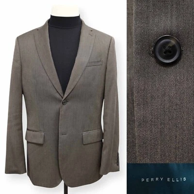PERRY ELLIS mens brown HERRINGBONE slim fit sport coat suit jacket blazer 40 R - Image 1 of 4