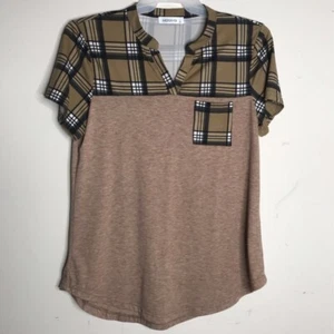 Moqivgi Damen Bluse braun meliert kariert Kurzarm V-Ausschnitt Tasche L - Bild 1 von 6