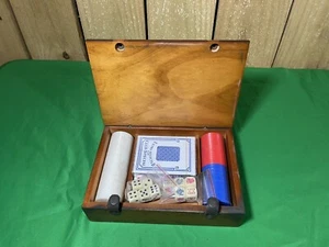 OLD WOODEN POKER BOX WITH CHIPS CARDS AND DICE !!! - Picture 1 of 8