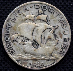 1934 PORTUGAL - 5 ESCUDO - .650 SILVER - KM #581 - Caravelle Sailing Ship - Picture 1 of 5