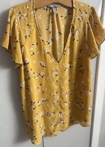 Ladies H&M Size 14 Yellow Ochre Floral Blouse Floaty Summer Top Lightweight - Picture 1 of 3