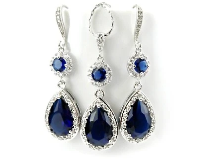 8ct Simulated Sapphire Halo Tear Drop Pendant Earring Combo White Gold Plated - Image 1 of 3