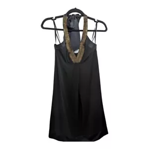 NEW Max and Cleo Black V-Neck Flirty Girl Halter Dress with Gold Accents Size 2 - Picture 1 of 8