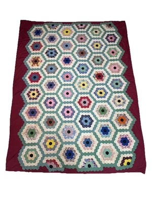 Rare Vintage Grandma's Flower Garden Quilt Hand Stitched Home Made 99"x73" - Image 1 of 4