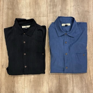 Tommy Bahama blau schwarz 100% Seide Streifen Holzknopf Langarm Hemd Gr. L - Bild 1 von 8