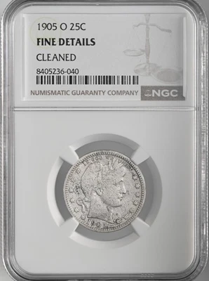 1905-O 25C BARBER SILVER QUARTER NGC FINE DETAILS (HARSHLY)"CLEANED" 8405236-040 - Image 1 of 4