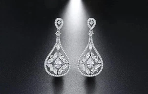 2.10CT Pear CUT Moissanite Dangle Wedding Earring women 14 White Gold plated - Picture 1 of 4