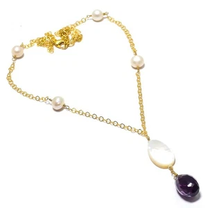 Mother Of Pearl Gemstone 925 Solid Sterling Silver Jewelry Necklace 18" f622 - Picture 1 of 4