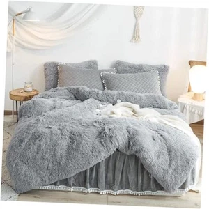 Faux Fur Comforter Cover Size,Fluffy Plush Shaggy Duvet Cover Set (1 Twin Gray - Picture 1 of 7