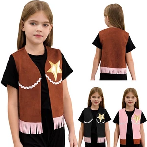 Kids Sleeveless Open Front Waistcoat Vest Western Cowboy Cowgirl Fringe Vest - Picture 1 of 40